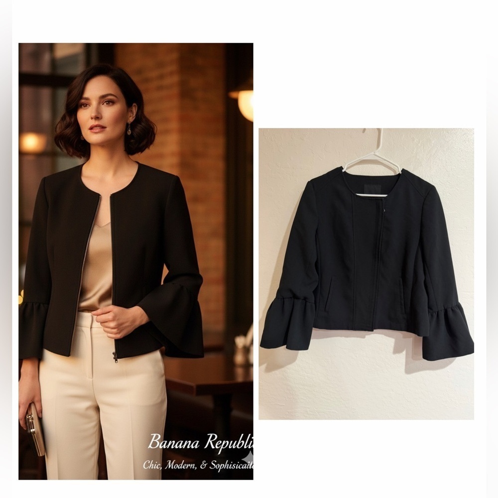 Banana Republic Black Tailored Ruffled Sleeve Blazer Jacket size 8
